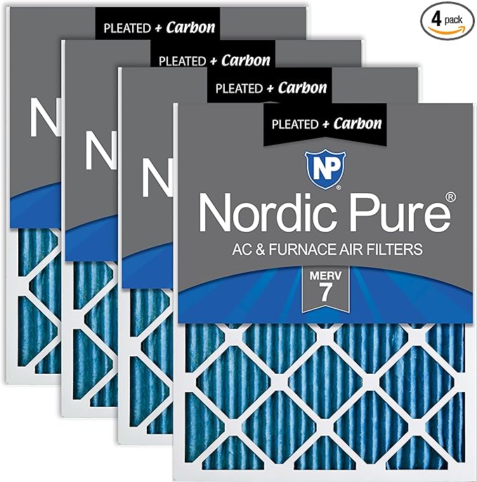 Nordic Pure 10x20x1 (Actual Size: 9 1/2 x 19 1/2 x 3/4) Pleated Air Filters MERV 7 Plus Carbon 4 Pack