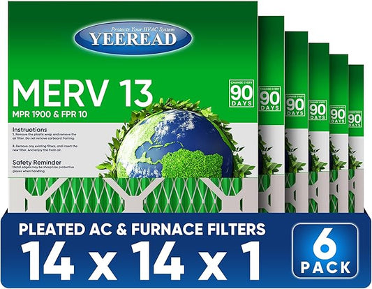 14x14x1 MERV 13 Air Filters, 6-Pack, Actual Size: 13.70” x 13.70” x 0.75”, Pleated Design with Enhanced Filter Media for Superior Filtration,Perfect for HVAC, AC & Furnace Systems