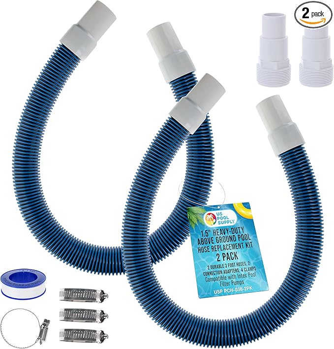 U.S. Pool Supply 1.5" Heavy-Duty Above Ground Pool Hose Replacement Kit - 2 Durable 3 Foot Hoses, 2 Connection Adapters, 4 Clamps - Compatible with Intex Pool Filter Pumps