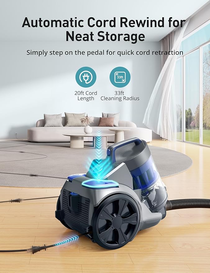 Aspiron 1700W Canister Vacuum Cleaner, 45Kpa Bagless Vacuum Cleaner, Multi-Cyclonic Filtration, 2 Anti-Allergen HEPA Filters, 3.5QT Dust Cup, 4 Tools, No Hair Tangles for Hard Floor, Pet Hair, Navy