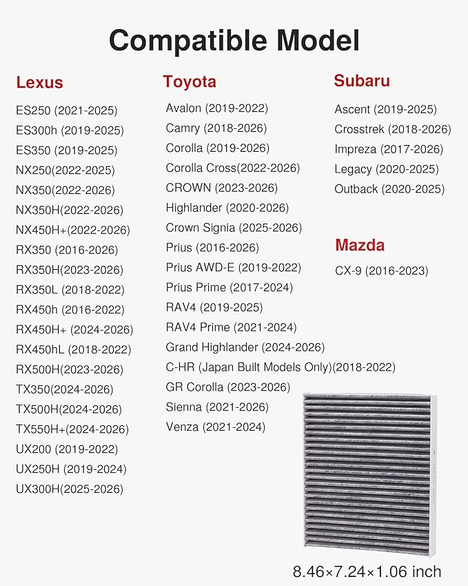 Puroma 1 Pack Cabin Air Filter with Activated Carbon, Replacement for CP157, CF12157, Select Lexus, Mazda, Subaru and Toyota Avalon, Camry, Corolla, Highlander, Prius, RAV4, Sienna, Venza