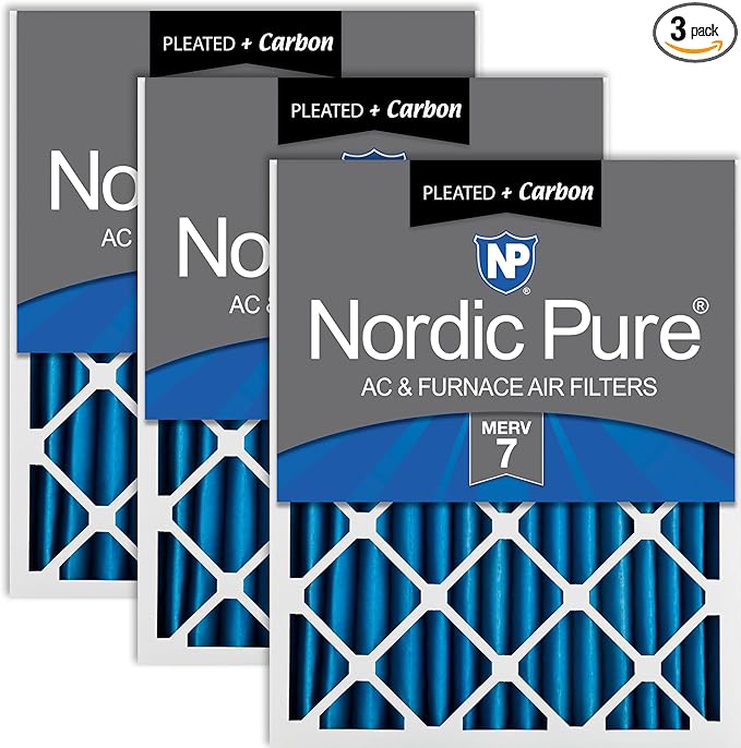 Nordic Pure 20x20x2 (Actual Size: 19 1/2 x 19 1/2 x 1 3/4) Pleated Air Filters MERV 7 Plus Carbon 3 Pack