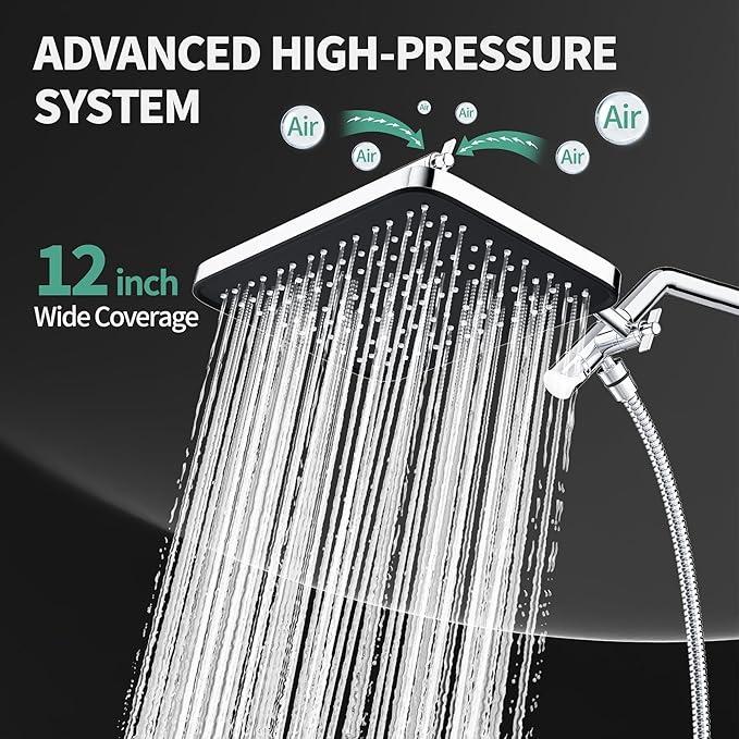 12 Inch Wide Rain Shower Head with Filtered Handheld Combo, High Pressure Rainfall Shower Head, 9 Spray Modes Handheld with 9-Inch Extension Arm, Comes with Filter Removes Chlorine (Chrome)