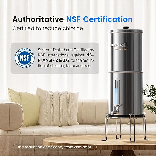 Purewell Upgraded 9-Stage Gravity Water Filter System with Water Level Window, 0.01μm Ultra-Filtration Countertop System with 2 Filters and Stand, pH 8-9, Reduce 99% Chlorine, BO-PH-2.25G