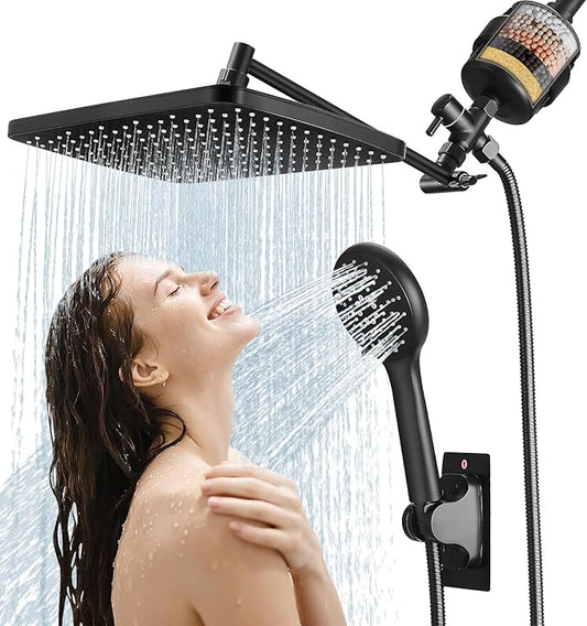 Filtered Shower Head with Handheld Combo,11.8 Inch Large Rectangular Black Rain Shower Head with 5 Modes Handheld Spray Combo,Adjustable Double Shower Heads with Holder and 11'' Extension Arm