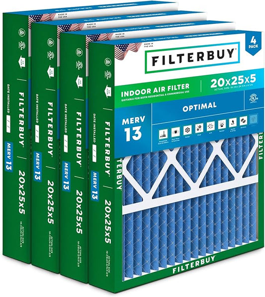 Filterbuy 20x25x5 Air Filter MERV 13 Optimal Smoke & Allergy Defense (4-Pack), Pleated HVAC AC Furnace Filters for Honeywell FC100A1037, Lennox X6673, and More (Actual Size: 19.88 x 24.75 x 4.38)