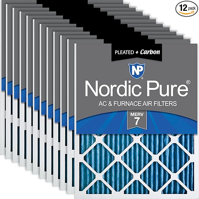 Nordic Pure 20x24x1 (Actual Size: 19 1/2 x 23 7/16 x 3/4) Pleated Air Filters MERV 7 Plus Carbon 12 Pack