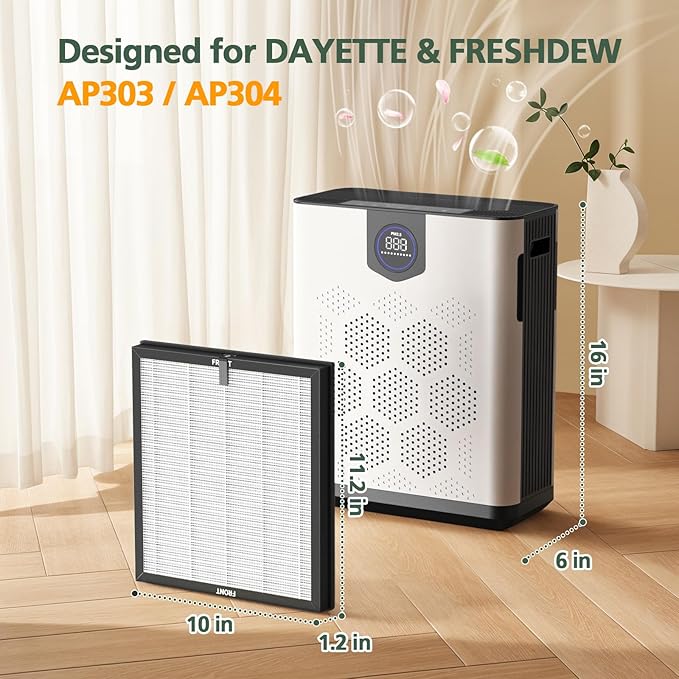 AP303 AP304 Replacement Filters, Compatible with DAYETTE AP303/ AP304/ AP305/ AP308/ AP405 Air Purifier, and for FRESHDEW AP303/ 304 Purifier, HEPA Filter with 3 Stage Filtration, 2 Pack (White)