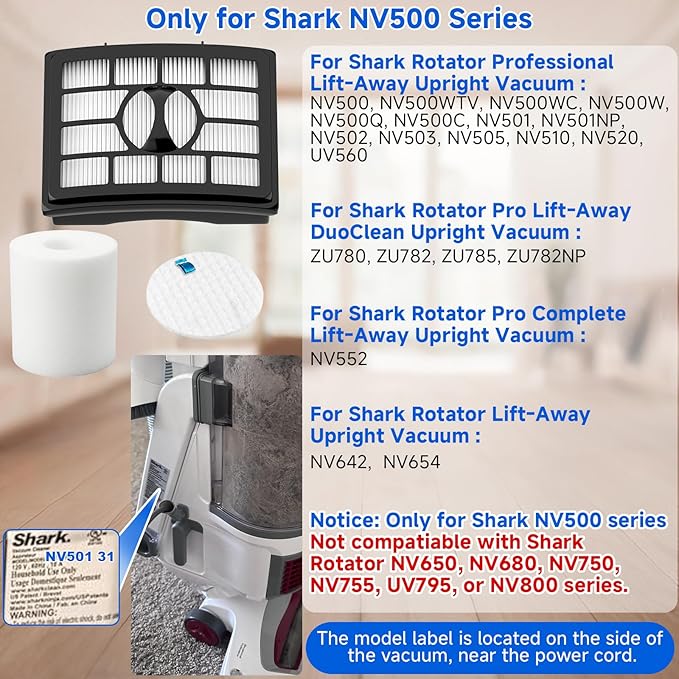 Vacuum Filters Replacement for Shark Rotator Professional Lift-Away NV500 NV501 NV502 NV503 NV505 NV510 NV520 NV552 ZU780 ZU782 ZU785 UV560, 2 Post Filters +4 Foam&Felt Filters, Part # XFF500 & XHF500
