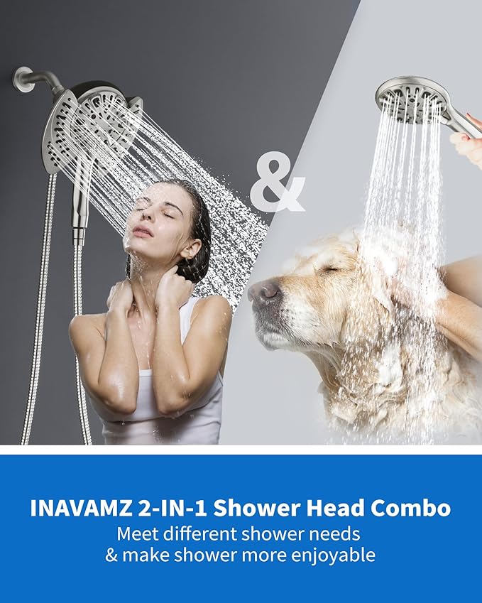 INAVAMZ 2-in-1 Shower Head with Handheld Combo: Rainfall Shower Head & Detachable Shower Head Use Together or Alone, 9 Spray Settings Showerhead with Hose Nickel, Shower Trim Systems