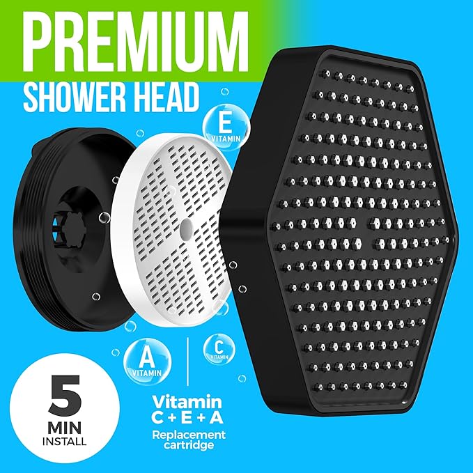 AquaHomeGroup Luxury Rain Shower Head with Filter - Reduces Chlorine, Rust and Sediment - Vitamin C E and A - High Pressure - Spa Effect - Black