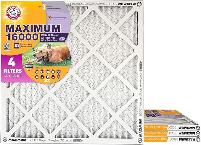 Arm & Hammer Max Allergen & Odor Reduction 14x14x1 Air and Furnace Filter, MERV 11, 4-Pack