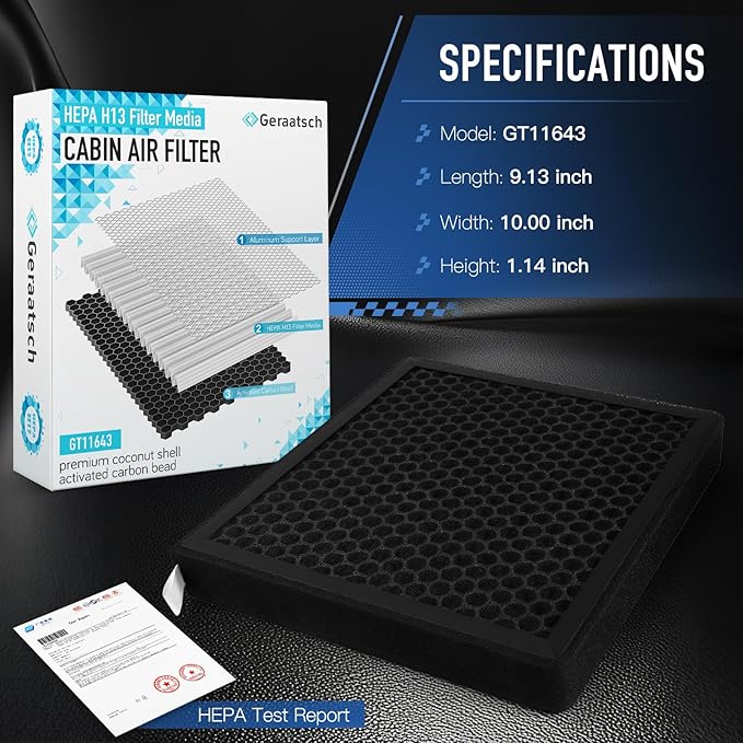 HEPA Cabin Air Filter with Activated Carbon Bean, Certified 99.95% Filtration, CF11643 for Audi A3, A3 Quattro, Q3, S3, TT Quattro; VW Jetta, Arteon, Golf, Tiguan, Atlas, GTI, Taos