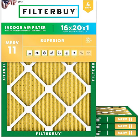 Filterbuy 16x20x1 Air Filter MERV 11 Superior Pet & Allergy Defense (4-Pack), Electrostatic Pleated HVAC AC Furnace Filters Replacement, Made in USA (Actual Size: 15.50 x 19.50 x 0.75)
