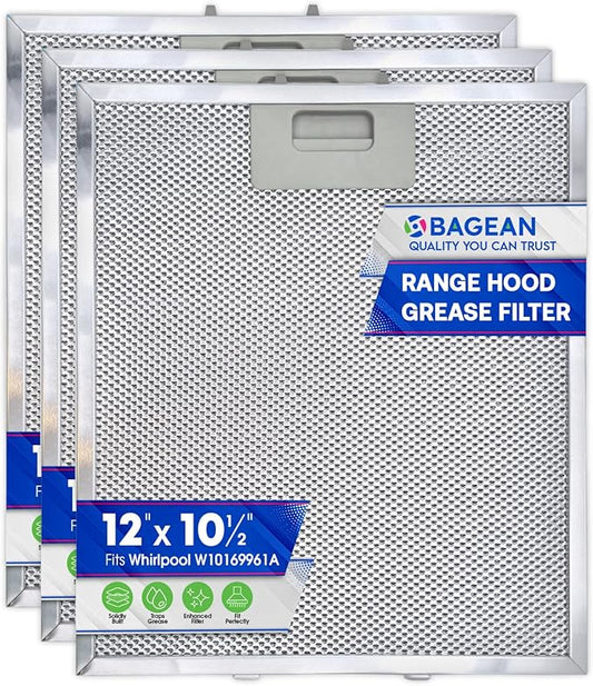 Bagean Range Hood Filter Replacement 12" x 10.5" W10169961A Compatible with Whirlpool Stove Hood Vent Filter - Aluminum Screen for Kitchen Overhead Exhaust Fan Blocks Grease & Filters Oven Air (3-Pk)