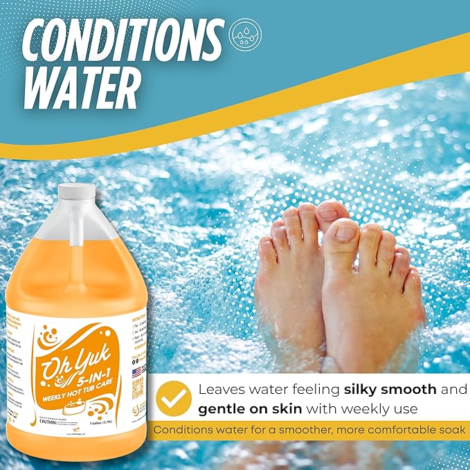 Oh Yuk 5-in-1 Hot Tub Chemicals Weekly Care– Hot tub Clarifier, Spa Cleaner, Water Conditioner – Helps Control Water Balance & Combat Buildup – Spa Care Chemicals for All Types of Hot tubs - 1 Gallon