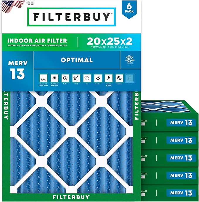 Filterbuy 20x25x2 Air Filter MERV 13 Optimal Smoke & Allergy Defense (6-Pack), Electrostatic Pleated HVAC AC Furnace Filters Replacement, Made in USA (Actual Size: 19.50 x 24.50 x 1.75)
