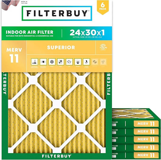 Filterbuy 24x30x1 Air Filter MERV 11 Superior Pet & Allergy Defense (6-Pack), Electrostatic Pleated HVAC AC Furnace Filters Replacement, Made in USA (Actual Size: 23.88 x 29.88 x 0.75)