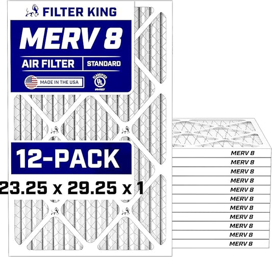 Filter King 23.25x29.25x1 Air Filter (MERV 8) (12-Pack) Dust & Allergy Control AC Furnace Filters, MADE IN USA, HVAC, Pleated, Electrostatic (Actual Size: 23.25 x 29.25 x .75)