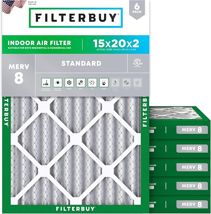 Filterbuy 15x20x2 Air Filter MERV 8 Essential Dust & Allergy Defense (6-Pack), Electrostatic Pleated HVAC AC Furnace Filters Replacement, Made in USA (Actual Size: 14.50 x 19.50 x 1.75)