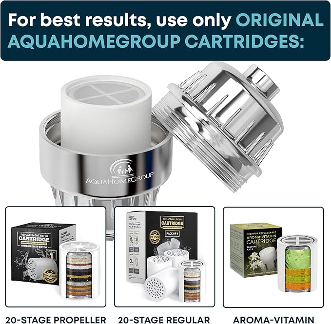 AquaHomeGroup 20 Stage Shower Filter with Vitamin C E and A - Reduces Chlorine, Heavy Metals and Sediment - 5 Cartridges Included - High Pressure - Universal Fit