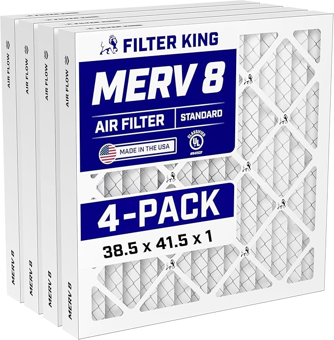 Filter King 38.5x41.5x1 Air Filter (MERV 8) (4-Pack) Dust & Allergy Control AC Furnace Filters, MADE IN USA, HVAC, Pleated, Electrostatic (Actual Size: 38.5 x 41.5 x .75)