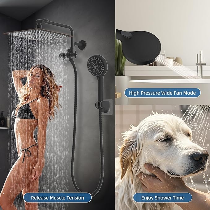 12" All Metal Shower Head, High Pressure 10-Spray Handheld Showerhead Rainfall Shower Head Combo with 11" Adjustable Shower Extension Arm, 71" Hose, Shower Head Holder, Oil Rubbed Bronze