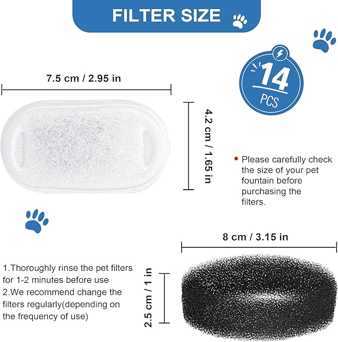 Cat Water Fountain Replacement Filters - 28 Pack Triple Action With Carbon Filter and Pre-Filter Sponges (14 Filters & 14 Sponges) for Pet Water Fountains
