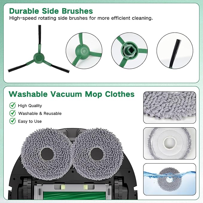 Replacement Parts for iRobot Roomba Plus 405 (G181/G185) Combo, Plus 505/507 Combo Robot Vacuum Cleaner Accessories, 2 Roller Brushes, 4 Filters, 6 Mop Pads, 6 Side Brushes, 6 Vacuum Bags