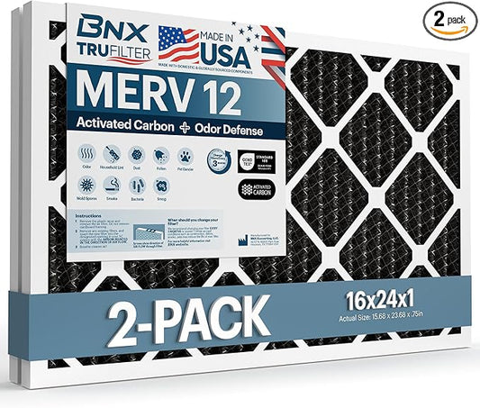 BNX TruFilter 16x24x1 MERV 12 Odor Defense (2-Pack) AC Furnace Air Filter with Activated Carbon - MADE IN USA - Pleated Air Conditioner HVAC AC Furnace Filters - Removes Odor, Mold, Bacteria, Smoke