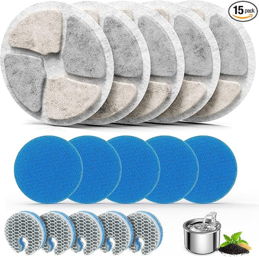 Stainless Steel Cat Water Fountain Filters, 5 Pack Replacement Filters Fit for Round 2L/67oz Automatic Pet Fountain, Filter with Triple Filtration System (5+5+5)