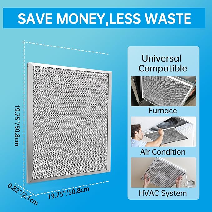 UBeesize 19.75x19.75x0.82 Inch Reusable Air Filter - Washable, MERV 8, Permanent, Electrostatic - Lasts a Lifetime - Enjoy Fresher Air in Home and Office HVAC AC Furnace Systems
