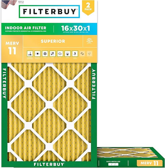 Filterbuy 16x30x1 Air Filter MERV 11 Superior Pet & Allergy Defense (2-Pack), Electrostatic Pleated HVAC AC Furnace Filters Replacement, Made in USA (Actual Size: 15.75 x 29.75 x 0.75)