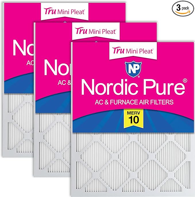 Nordic Pure 20x20x1 (Actual Size: 19 1/2 x 19 1/2 x 3/4) Tru Mini Pleat MERV 10 AC Furnace Air Filters – 2.5X More Media for Longer-Lasting, High-Efficiency Filtration - 3 Pack