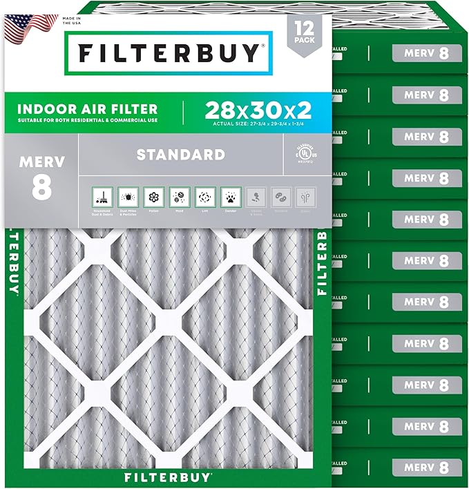 Filterbuy 28x30x2 Air Filter MERV 8 Essential Dust & Allergy Defense (12-Pack), Electrostatic Pleated HVAC AC Furnace Filters Replacement, Made in USA (Actual Size: 27.75 x 29.75 x 1.75)