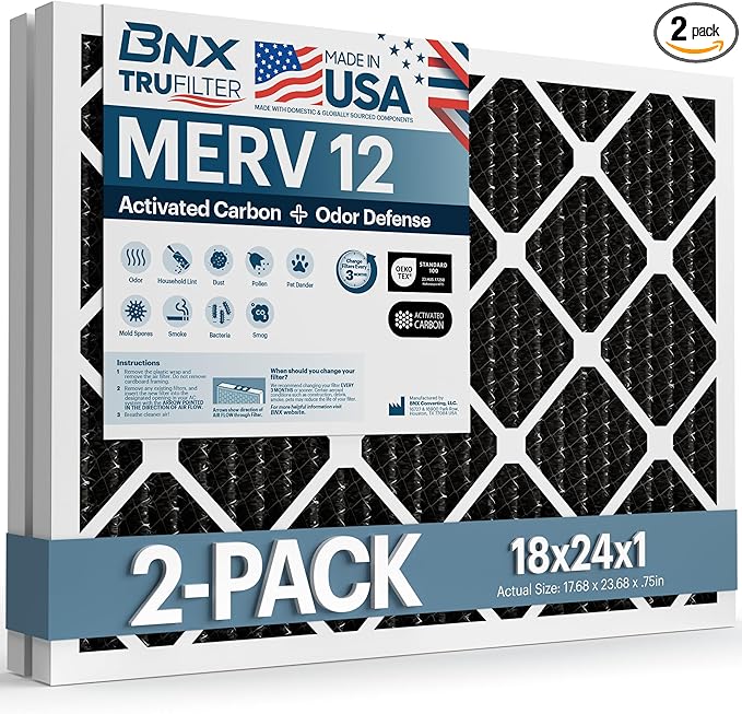 BNX TruFilter 18x24x1 MERV 12 Odor Defense (2-Pack) AC Furnace Air Filter with Activated Carbon - MADE IN USA - Pleated Air Conditioner HVAC AC Furnace Filters - Removes Odor, Mold, Bacteria, Smoke