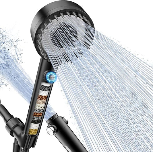 PWERAN Filtered Shower Head with Handheld, High Pressure 4 Spray Mode Showerhead with Filters, Water Softener Beads for Hard Water with ON/OFF Switch for Pets