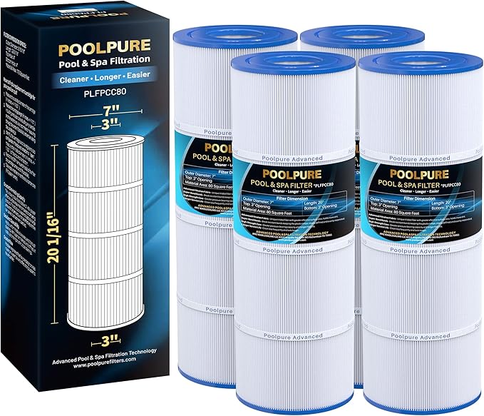 POOLPURE PLFPCC80 Pool Filter Replaces Pentair CCP320, Pleatco PCC80-PAK4, Ultral-A5, Unicel C-7470, R173573, Filbur FC-1976, 178580, 817-0081, Clean and Clear Plus 320, L x OD:20"x 7", 4X80 sq.ft.