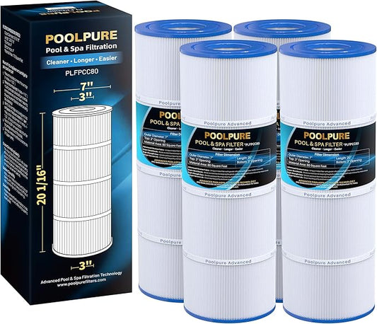 POOLPURE PLFPCC80 Pool Filter Replaces Pentair CCP320, Pleatco PCC80-PAK4, Ultral-A5, Unicel C-7470, R173573, Filbur FC-1976, 178580, 817-0081, Clean and Clear Plus 320, L x OD:20"x 7", 4X80 sq.ft.