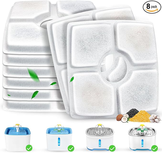 Cat Water Fountain Filter Replacement, 8 Pack Cat Fountain Filters Compatible with Square 84oz/2.5L Automatic Pet Fountain Dog Water Dispenser, 3 Filtration System Replacement Pet Filters