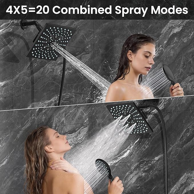 Veken High Pressure 8" Rain Shower Head with Handheld, Square Rainfall Shower Heads with 5-Mode Handheld Spray Combo, Detachable Hand Held Showerhead, Bathroom Decor，Dual Matte Black Regaderas Para