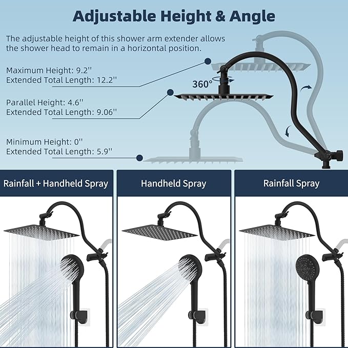 Hibbent All Metal High Pressure Rainfall 10'' Shower Head, CUPC Certified Handheld Showerhead Combo, 12'' Adjustable Shower Extension Arm, 10-Spray, 71'' Hose, Adhesive Showerhead Holder, Matte Black