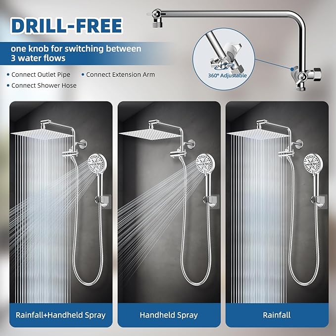 12" All Metal Shower Head, High Pressure Rainfall Shower Head/Handheld Showerhead Combo with 11" Adjustable Shower Extension Arm, 71" Hose, Shower Head Holder, Chrome