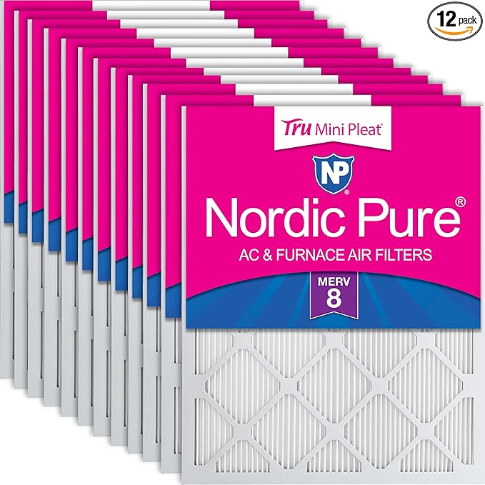Nordic Pure 20x24x1 (Actual Size: 19 1/2 x 23 7/16 x 3/4) Tru Mini Pleat MERV 8 AC Furnace Air Filters - 2.5X More Media for Longer-Lasting, High-Efficiency Filtration - 12 Pack