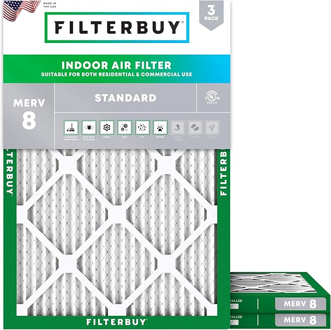 Filterbuy 12x16x1 Air Filter MERV 8 Essential Dust & Allergy Defense (3-Pack), Electrostatic Pleated HVAC AC Furnace Filters Replacement, Made in USA (Actual Size: 11.50 x 15.50 x 0.75)