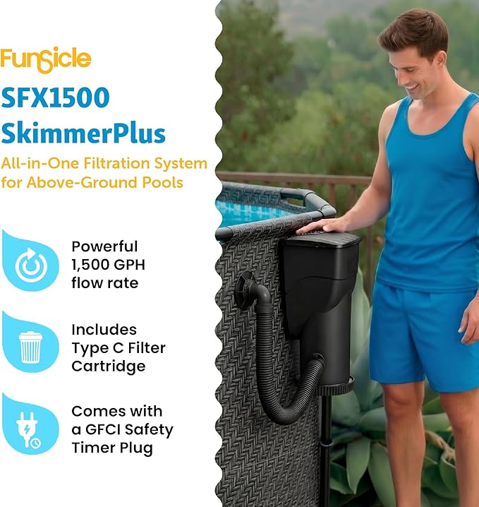 Summer Waves P53FX150K SkimmerPlus 1500 Gallon Above Ground Framed Swimming Pool Water Cleaning Filter Pump System, Black