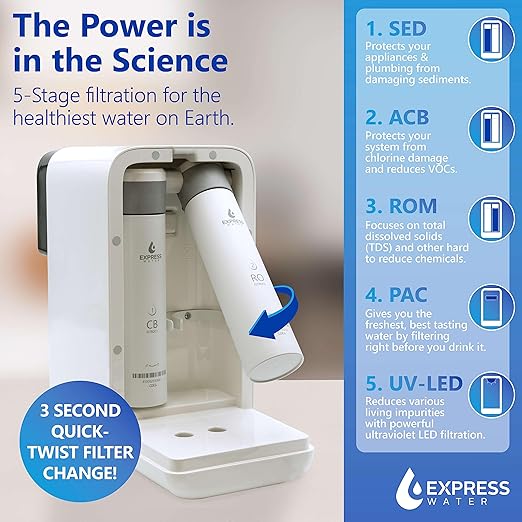 Express Water ROC001 UV Countertop Water Filter System – Hot, Room, Ambient Reverse Osmosis Water Filter System – 5 Stage RO Water Filter System with UV Water Purifier – No Installation Required