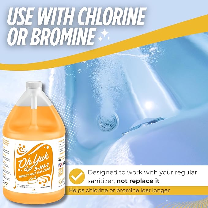 Oh Yuk 5-in-1 Hot Tub Chemicals Weekly Care– Hot tub Clarifier, Spa Cleaner, Water Conditioner – Helps Control Water Balance & Combat Buildup – Spa Care Chemicals for All Types of Hot tubs - 1 Gallon