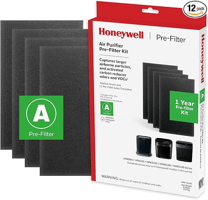Honeywell HRF-A100 Air Purifier Pre Kit Filter - Allergen Air Filter Targets Dust, VOC, Pet, Kitchen, and Wildfire/Smoke Odors - 4 Count (Pack of 12)