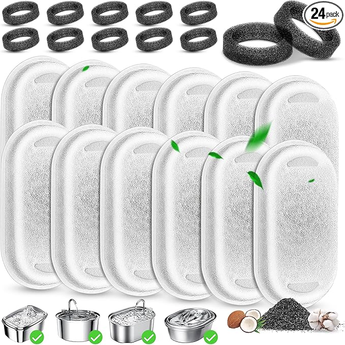 Cat Water Fountain Filter Replacement, 12 Pcs Cat Filters Pet Water Fountain Filter with 12 Pcs Sponges Foam for 67oz/2L & 108oz/3.2L Stainless Steel Automatic Cats Water Fountain Dispenser Filters